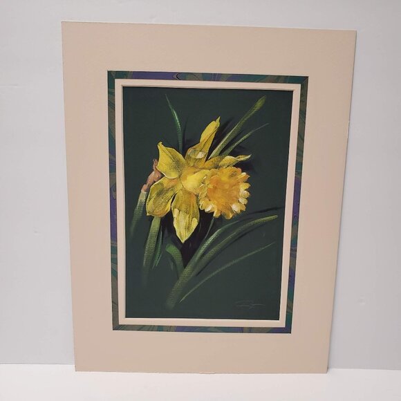Other - Original Artwork, Pastel Painting of Daffodil Flower on Black, Matted Signed RF